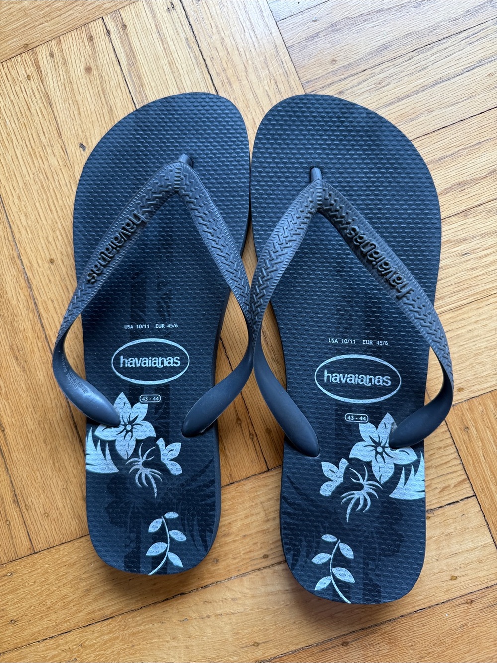 Havaianas Black Flip Flops with White Floral Print